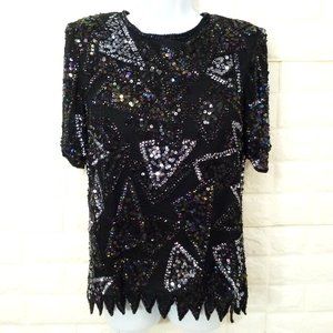 Vintage 80s Silk Sequin Beaded Crew-T Top Lady-M Keyhole SSL Bling Glam Metallic